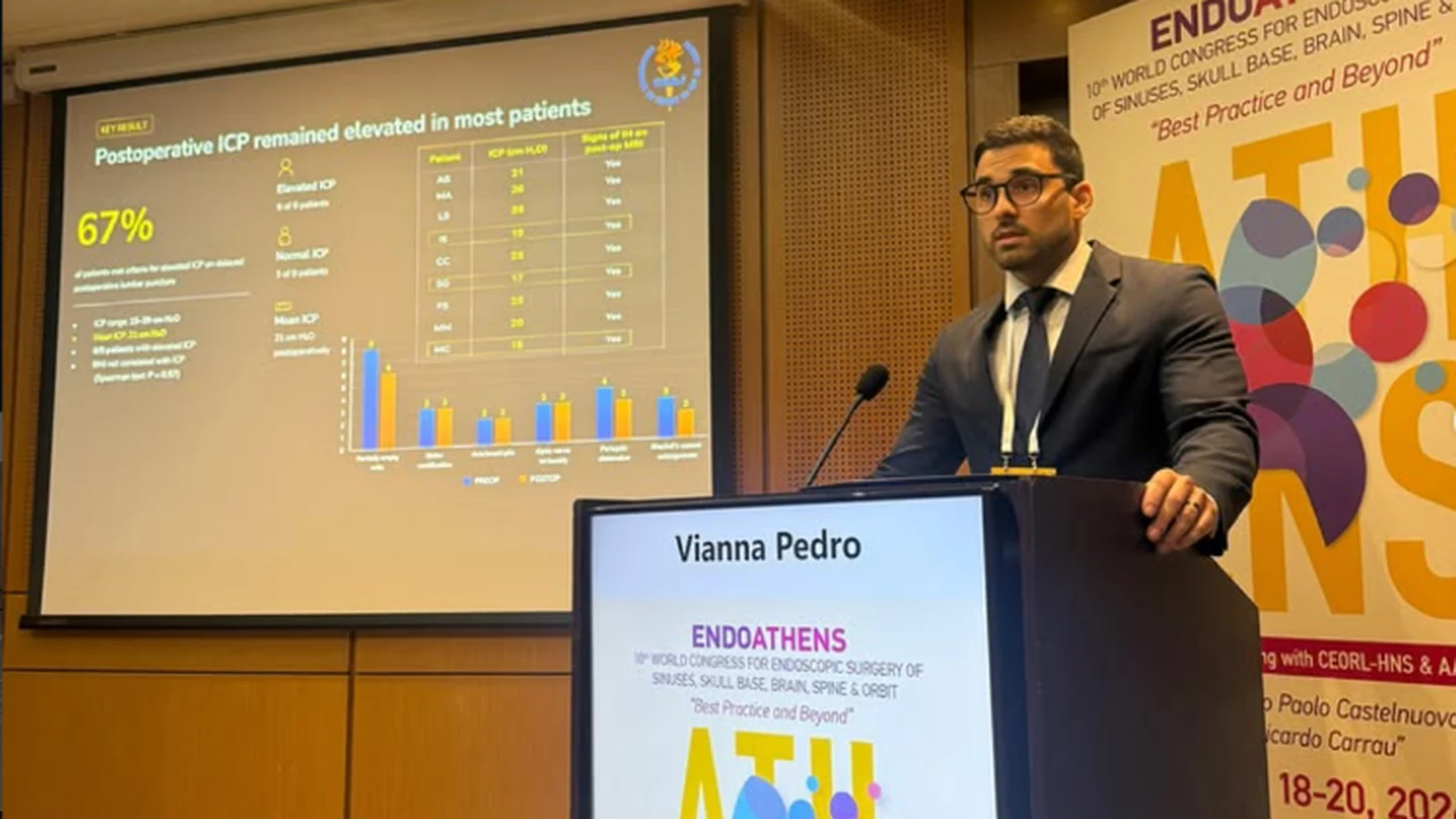 Dr. Pedro Vianna apresentando o trabalho sobre pressão intracraniana no 10º Congresso Mundial de Cirurgia Endoscópica (EndoAthens 2026), em Atenas.
